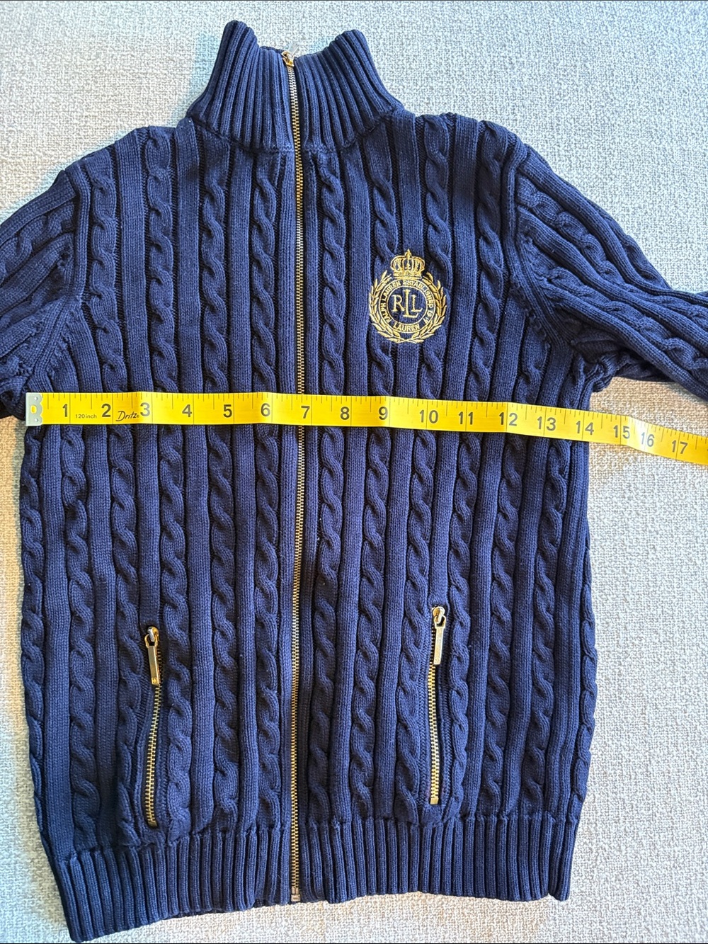 Ralph Lauren Navy Cable-Knit Full Zip Cardigan Crest Sweater Womens XSP - Picture 5 of 11